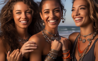 3 women showing off their jewelry at the beach