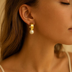 Golden Pearl Charm Hoops