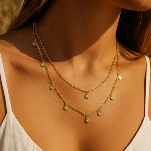 Malibu Sunday Double Layer Gold Necklace – 18K Gold Plated Adjustable Chain with Hammered Disc Details – Dainty, Tarnish-Resistant Jewelry for Layering & Gifts