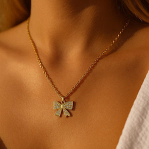 Malibu Sunday Bow and Ribbon Necklace | Cute Gold Bow Necklace for Women + Feminine Charm | Dainty Jewelry Gift | Bow & Ribbon Pendant Necklace