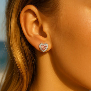 Malibu Sunday Pink Heart Earrings with CZ Diamond Pave, White Gold