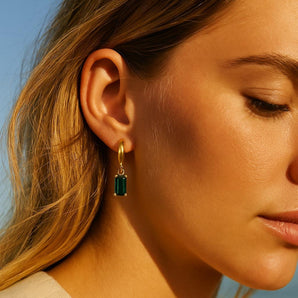 18K Gold Plated Emerald Huggie Earrings for Women – Dainty Hoop Earrings with Green Baguette Zircon Dangle – Hypoallergenic, Non-Tarnish Jewelry Gift