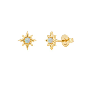 Malibu Sunday Celestial Star Gold Stud Earrings - 18K Gold Plated Brass with Cubic Zirconia & Simulated Opal - Dangle Earrings for Women - Chunky Gold Earrings with Push Back - Timeless Stud Earrings