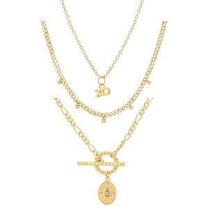 Sunset 3-Piece Gold Necklace Set – 18K Gold Plated Chains with Figaro, Curb, & Toggle Styles, Adjustable & Hypoallergenic