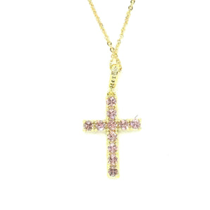 Malibu Sunday Cross Pendant Necklace, Pink CZ, 18k Gold Plated, 18-24 Inch Chain