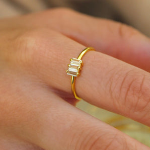 Malibu Sunday Gold Ring for Women – 18K Gold Plated Brass with Triple Baguette Cubic Zirconia – Tarnish-Free Jewelry, Ideal for Everyday Wear & Gifts