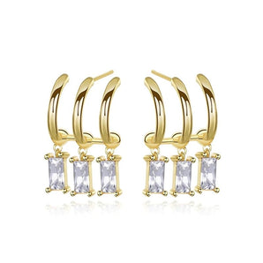 Triple Hoops Earrings with Diamond - 18k Gold Plated Triple Hoop Earrings, Layered Look, Diamond, Sterling Silver, Earrings for Women