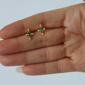 Berkeley Emerald Stud Earrings – 18K Gold Plated Cross with Green Zircon