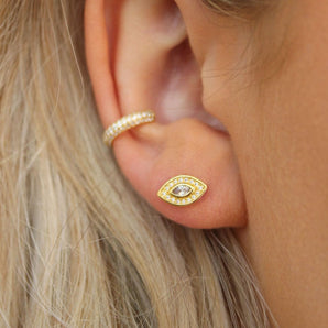 18k Gold Evil Eye Stud Earrings - 18K Gold Plated Delicate Minimalist Earrings with White Zircon Stones | Symbolic Protection Jewelry for Women, Gift for Her