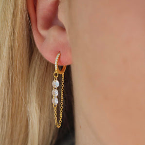 Gold Tassel Chain Small Hoop Dangle Earring - 18k Gold Plated Hoops Earrings, Zircon, Sterling Silver, Hoops Earrings for Women Non Tarnish Hypoallergenic
