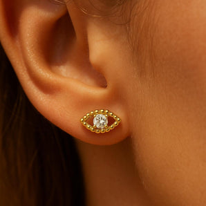 Evil Eye Stud Earrings – 18K Gold Plated Minimalist Studs with White Zircon, Dainty Hypoallergenic Protective Jewelry for Women by Malibu Sunday