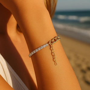 18K Gold Tennis Bracelet with Paperclip Chain – Gold Plated Brass, White Zircon, Adjustable Stacking Bracelet – Hypoallergenic & Non-Tarnish Jewelry Gift for Women by Malibu Sudnay