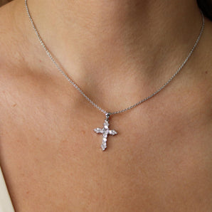 Pointed Crucifex Pendant Necklace – White Gold Plated with Pave White Cubic Zirconia, Dainty Cross Necklace