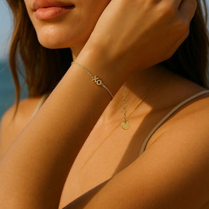 Malibu Sunday XO Chain Bracelet – 18K Gold Plated Dainty Charm Bracelet for Women, Adjustable Hug & Kiss Design