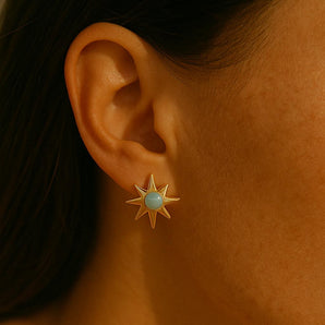 Celestial Star Gold Stud Earrings - 18K Gold Plated with Cubic Zirconia & Simulated Opal - Dangle Earrings for Women - Chunky Gold Earrings with Push Back - Marlowe Opal Studs by Malibu Sunday