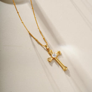 14K Gold Plated Cross Necklace – Solitaire Crystal Pendant for Women