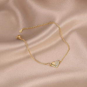 Dainty Heart Bracelet – 18K Gold Plated with CZ Accents & Lobster Clasp, Adjustable