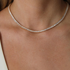 18K Gold Baguette Tennis Necklace – Adjustable CZ Diamond-Cut Chain with Luxe Baguette Zircon – Hypoallergenic Statement Choker for Women