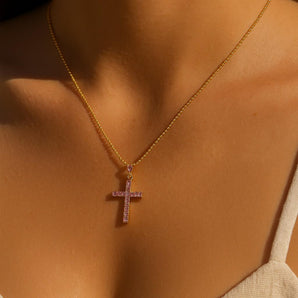 Malibu Sunday Cross Pendant Necklace, Pink CZ, 18k Gold Plated, 18-24 Inch Chain