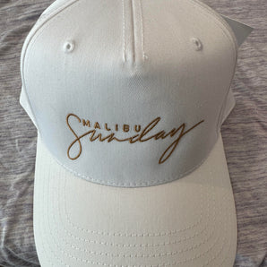 Malibu Sunday Baseball Hat - White &amp; Gold, Embroidered Logo, Adjustable, Southern California, Minimalist Cap