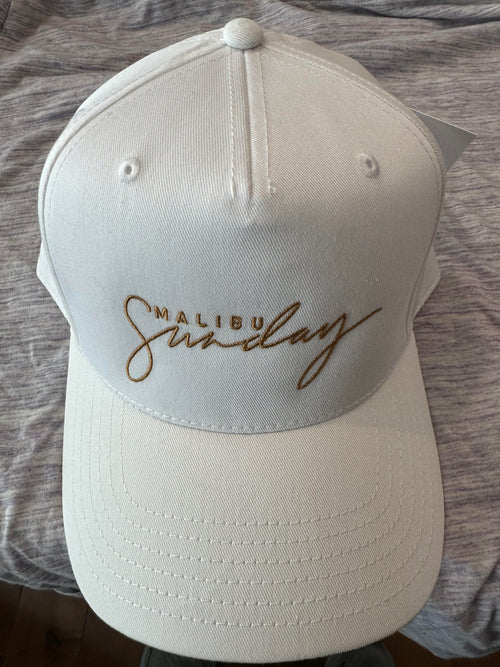 Malibu Sunday Baseball Hat - White &amp; Gold, Embroidered Logo, Adjustable, Southern California, Minimalist Cap