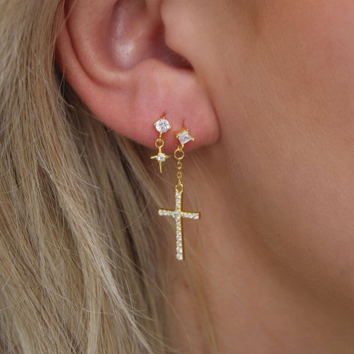 Knightly Mis-Matched Cross Earrings - 18k Gold Plated Stud Earrings for Women Zircon Sterling Silver Cubic Zirconia Earrings for Women