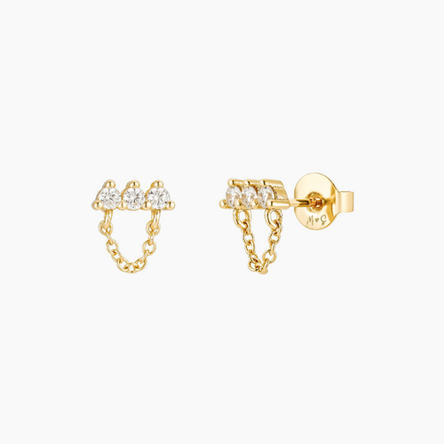 Gemma Chain Diamond Stud Earrings - 18k Gold Plated Stud Earrings, Zircon, Cubic Zirconia, Stud Earrings for Women Minimalist