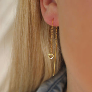 Heartly Chain Threader Earrings - 18k Gold Plated, Sterling Silver, Drop Earrings, Heart Dangle, Minimalist, Tassel Earrings for Women