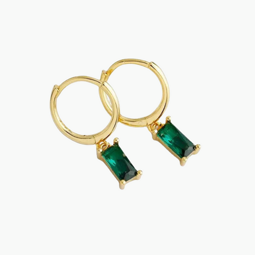 Hunter Huggie Earrings (Emerald Green) - 18k Gold Plated Huggie Earrings with Dangle,&nbsp;Emerald Earrings for Women, Small Gold Huggie Hoop Earrings, Emerald Baguette Pendant, Dainty Box Chain Earrings