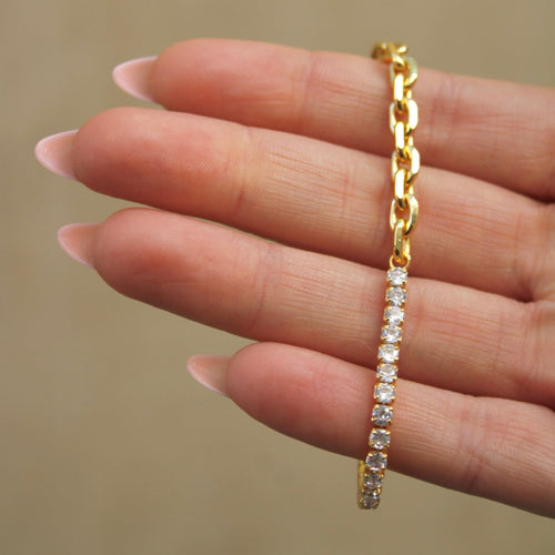 Remy Tennis Paperclip Classic Bracelet - 18k Gold Plated, Zircon, Sterling Silver, Tennis Bracelet, Stacking Bracelet, Paperclip Bracelet, Gold Bracelet, Adjustable