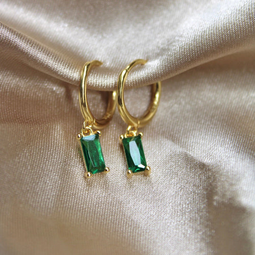 Hunter Huggie Earrings (Emerald Green) - 18k Gold Plated Huggie Earrings with Dangle,&nbsp;Emerald Earrings for Women, Small Gold Huggie Hoop Earrings, Emerald Baguette Pendant, Dainty Box Chain Earrings