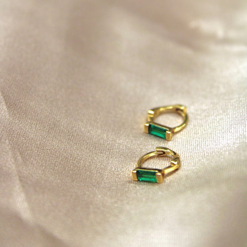 Zella Mini Huggie Earrings (Emerald) - 18k Gold Plated, Huggie Earrings, Emerald, Zircon, Sterling Silver Mini Hoops Earrings for Women