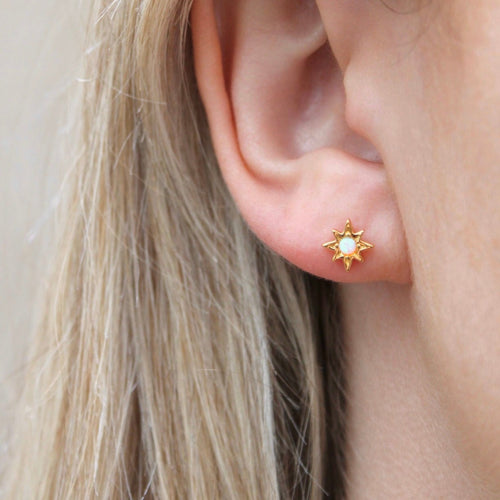 Marlowe Opal Stud Earrings - Celestial Star, Opal, 18k Gold Plated, Sterling Silver, Minimalist Earrings Stud Earrings for Women