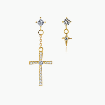 Knightly Mis-Matched Cross Earrings - 18k Gold Plated Stud Earrings for Women Zircon Sterling Silver Cubic Zirconia Earrings for Women