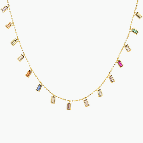 Palisades Necklace - Multicolor Rainbow Baguette Charm Necklace, 18k Gold Plated, Zircon, Adjustable, Multi Color Stone Necklace