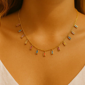Malibu Sunday Rainbow Zircon Necklace – 18K Gold Plated Dainty Pendant on Adjustable Cable Chain – Tarnish-Resistant, Hypoallergenic Jewelry for Layering & Gifts