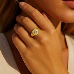 Malibu Sunday Amber Signet Ring 18K Gold - Gold-Plated Ring with Baguette Zircon & North Star Detail, Tarnish-Free Gold Ring - Ideal Chunky Ring for Stacking & Layering, Versatile