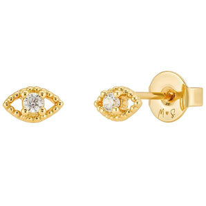 Evil Eye Stud Earrings – 18K Gold Plated Minimalist Studs with White Zircon, Dainty Hypoallergenic Protective Jewelry for Women by Malibu Sunday