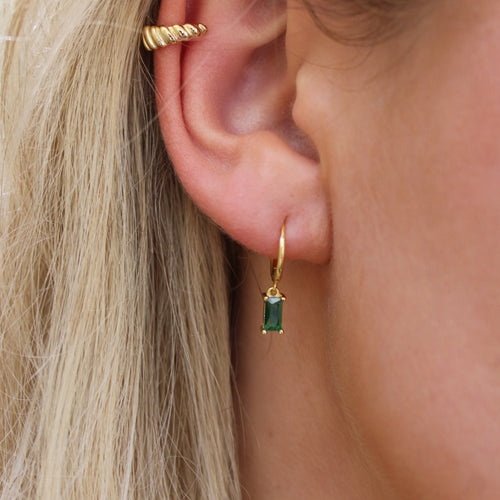 Hunter Huggie Earrings (Emerald Green) - 18k Gold Plated Huggie Earrings with Dangle,&nbsp;Emerald Earrings for Women, Small Gold Huggie Hoop Earrings, Emerald Baguette Pendant, Dainty Box Chain Earrings