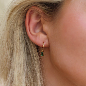 Hunter Huggie Earrings (Emerald Green) - 18k Gold Plated Huggie Earrings with Dangle,&nbsp;Emerald Earrings for Women, Small Gold Huggie Hoop Earrings, Emerald Baguette Pendant, Dainty Box Chain Earrings