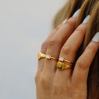 Amber Signet Ring - Chunky Gold Signet Ring with Zircon 