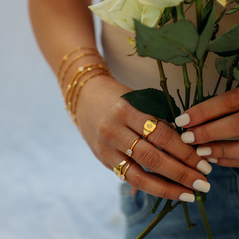 Amber Signet Ring - Chunky Gold Signet Ring with Zircon 