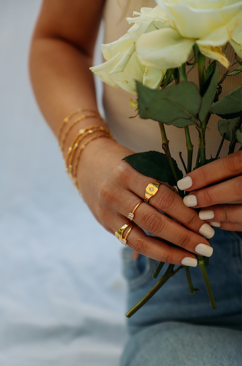 Amber Signet Ring - Chunky Gold Signet Ring with Zircon 