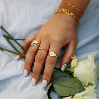 Amber Signet Ring - Chunky Gold Signet Ring with Zircon 