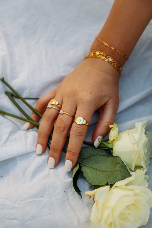 Amber Signet Ring - Chunky Gold Signet Ring with Zircon 